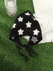 1件装女士街头风个性化黑色底针织星三角发带女士头巾时尚发饰度假发带优雅发巾 - 黑色 - 查看 3