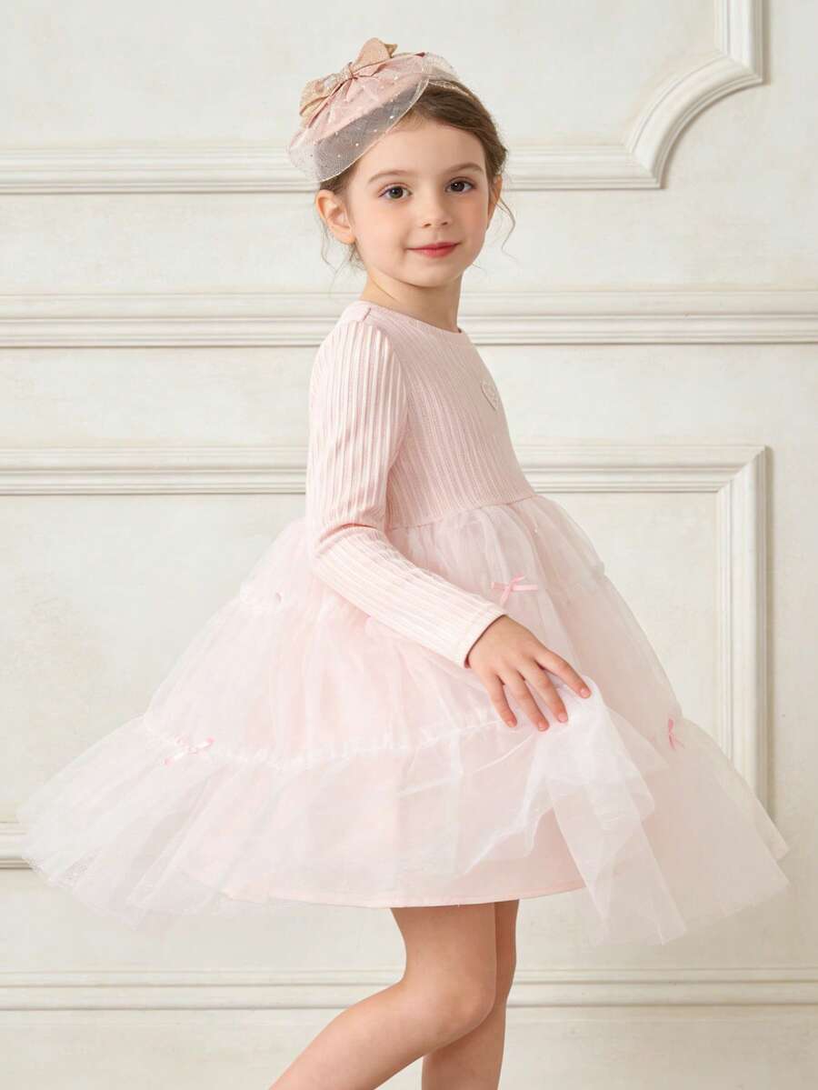 Balabala Girls' Tulle Princess Dress With Bow Decor, Girl's Party Dress, Spring 2026 - Red Hue - View 1