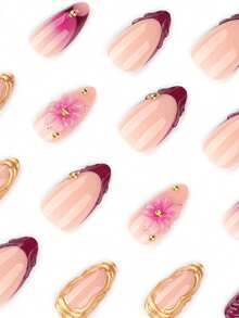 24 Pieces Of Long Almond-Shaped Press-On Nails, With European And French-Style Gradient Gold-Plated Gold Bead Flower Nails. Simple And Elegant Style, Reusable Design, Suitable For Women's Daily Use And Travel. Nail Supplies - Multicolor - View 3