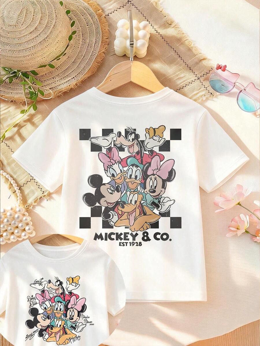 Disney Apparel, Featuring A Double-Sided Print Of Mickey And His Friends On This Girls' T-Shirt. This Soft, Breathable Short-Sleeve Crew Neck Tee Is Perfect For Spring And Summer Wear, Ideal For Everyday Outfits, Vacation Leisure, Outdoor Adventures, School Life, And Shopping Trips. It Also Makes An Excellent Gift For Boys And Girls Alike. Every Child Deserves One. - 白色 - 查看 1