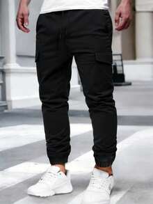 Men's Pants, Spring/Autumn Solid Color Multi-Pocket Drawstring Cargo Pants, Loose & Comfortable Sweatpants Black - Black - View 9
