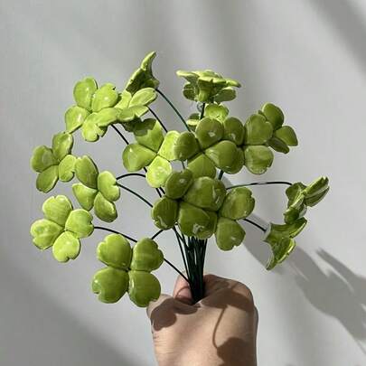 8pcs Handmade Ceramic Flowers, Handcrafted Everlasting Ceramic Flowers, Indoor/Outdoor Clover Decor, Artisanal Design, Fade-Resistant, Suitable For Christmas, Labor Day, Graduation Ceremony, Holiday Decoration, Indoor Art, Everlasting Flowers, Durable