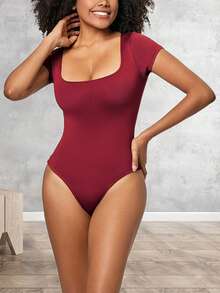 Body de una pieza con escote cuadrado para mujer, corte ajustado, manga corta, sin costuras, para mayor comodidad y uso en capas a diario. - Burdeos - Ver 3