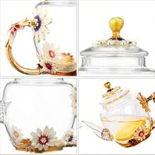 Tetera de vidrio - 300 ml 10 oz con decoración de flores, tetera de vidrio resistente al calor con borde dorado con hoja y patrón floral retro, juego de té (rosa) - Rosa - Ver 4