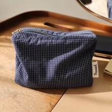 Precatch Small Makeup Bag For Purse, Aesthetic Grid Pattern Cosmetic Pouch, Portable Travel Toiletry Organizer, Compact Daily Storage Bag For Essentials, Deep Blue - Navy Blue - View 10