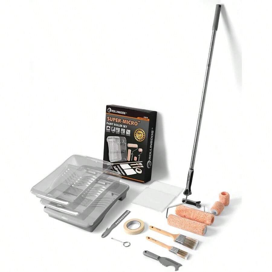 Paint Roller Set - 9 Inch Roller Sets Painting, Paint Rollers And Trays Sets, 18PC Paint Roller Set With Extension Pole, Paint Brush, Masking Tape, Dust Sheet - 18PC Paint Roller Kit - View 1