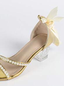 Women's Ribbon & Pearl Decor Chunky Heel Square Toe Lace-Up Sandals, Elegant Bridal Style, Suitable For Brides In Summer, Gold Color,Block Heels - Gold - View 7
