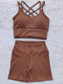 Ribbed Summer Set - Shorts And Top For Gym - Rust Brown - View 3