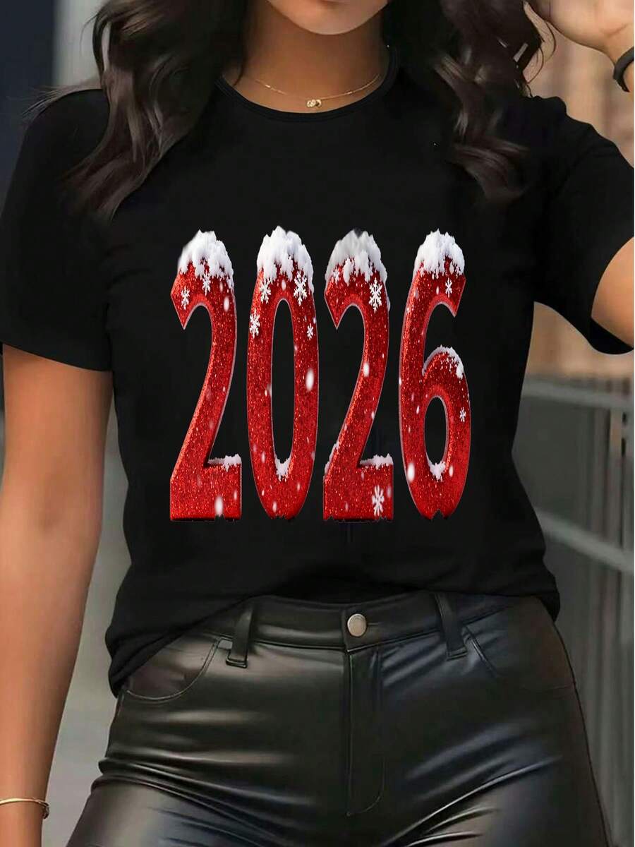 Women's 2026 Snowflake Graphic Print Short Sleeve T - Shirt Casual Crew Neck Loose Fit Tee Top For Summer Daily Wear Party Vacation - Black - View 1