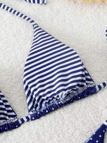 Bộ bikini đi biển mùa hè, họa tiết chấm bi phối màu tương phản, kiểu dáng hở lưng, buộc dây. - Màu xanh lam - Xem 5