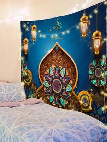 1pc Eid Mubarak Pattern Printed Tapestry, Large Size Decorative Hanging Cloth, Home Decor, Holiday Gift, Party Decoration, Live Streaming Background, Suitable For Living Room And Hotel, With Installation Bag (Accessories Included)