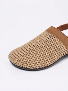 驼色拼接网眼后跟绑带踝带欧美风女凉鞋，双层鞋底圆头休闲百搭夏季透气度假沙滩时尚凉鞋，通勤日常穿着皆宜。 - 駝色 - 查看 6