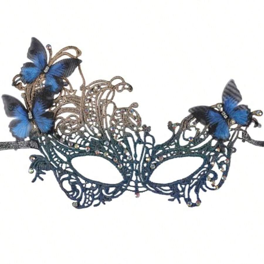 QY- Halloween Lace Masquerade Masks - 1920s Vintage Antique Mask For Men Women Carnival Party Mardi Gras Evening Prom -3788 - 黑與藍 - 查看 1