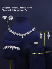 5pcs Luxury Series Geometric Design Bridal Wedding Jewelry Set, Plated White Gold, Suitable For Daily Wedding Wear, Wedding Anniversary Gift (Comes With Gift Box) - Geometric Bridal Set - View 3
