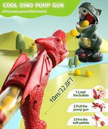 Movable Dinosaur Shooting Toy For Kids 3 4 5 6 7+ Years, 2 Air Pump Guns & 48 Foam Balls, LED Score + Spray Sound, T-Rex Target Game - Green - View 2