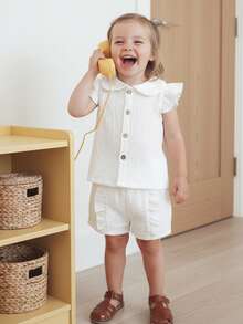 Baby Girls Shorts Set, Fly Sleeve Doll Collar Vest With Elastic Waist Shorts Summer Outfit - White - View 6