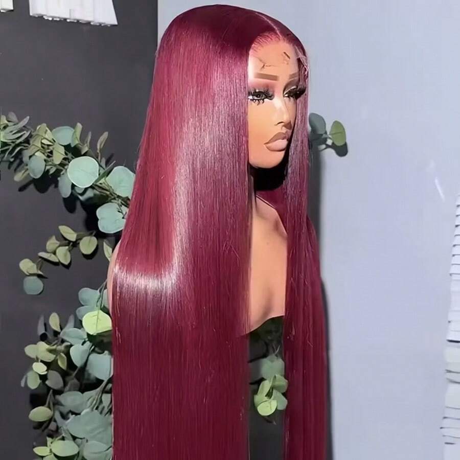 34 Inch 99J Burgundy Lace Front Wig Human Hair Brazilian Virgin Straight Lace Front Wigs Human Hair 250% Density Colored Human Hair Wig 13x4 HD Lace Frontal Wig For Women Burgundy Colored Pre Plucked With Baby Hair Natural Hairline - S99J - 查看 1