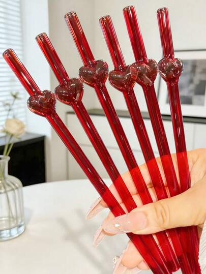 Juego de 1/6 pajitas de vidrio con forma de corazón para el Día de San Valentín | Pajitas reutilizables con diseño de corazón rojo | Aptas para bubble tea/jugo/batido/cóctel | Decoración romántica para fiestas. Regalo 520. Accesorio útil para el hogar y restaurantes | Regalo conmemorativo creativo para novia/novio