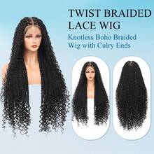 360°高清全蕾丝编织假发，无结波西米亚风编织假发，发尾卷曲，女士扭辫全蕾丝假发，带婴儿发，手工钩编合成纤维编织蕾丝假发，36英寸 - 彩色 - 查看 2