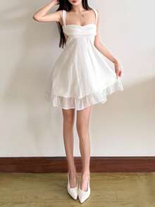 Đầm midi nữ màu trơn phối lưới, kiểu dáng thanh lịch, phù hợp cho hẹn hò và tiệc tùng. - trắng - Xem 4