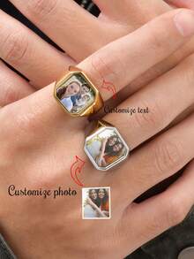 1pc Fashionable Customized Photo Laser Engraved Text Stainless Steel Square Geometric Stamp Gold/Silver Unisex Ring, Personalized Jewelry Gift For Valentine's Day, Mother's Day, Father's Day, Graduation, Baptism Souvenir - Multicolor - View 2