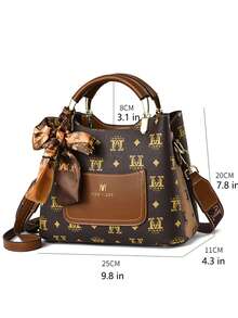 New Stylish & Elegant Middle-Aged Women's Printed Handbag Set, Versatile Large Capacity Shoulder Bag & Crossbody Bag With Small Square Bag - Brown - View 3