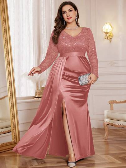 Plus V Neck Contrast Lace Sequin Insert Draped Front Ruched Split Hem Satin Formal Party Long Dress, Valentine's Day Dress, Wedding Guest Dress, For Graduation, Homecoming, Festivals