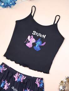Disney Stitch Print Women's Camisole + Shorts 2 Pieces Set Women's Black Spaghetti Strap Pajama Set - Multicolor - View 3