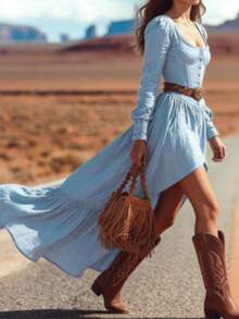 Women's Casual Long-Sleeved Retro Western Solid Color Irregular Square Neck Dress (Without Belt), Suitable For Travel And Parties. - 淺藍色 - 查看 5