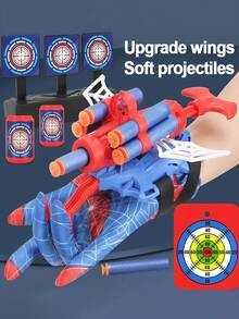 1set Interactive Plastic Hero Web Shooter Toy Set (Includes Glove & Soft Bullets), Cartoon Red & Blue Spider Pattern Wrist-Mounted Shooting Function Cosplay Prop For Kids Halloween Christmas Birthday Party Gift