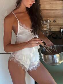 Women Lace Trim Pj Shorts Set Square Neck Coquette Tank Top Silk Satin Pajama Set Babydoll 2 Piece Shorts Outfit - trắng - Xem 1