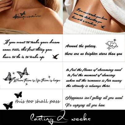 6 PCS / 1 Pc Herbal Juice Semi-Permanent Fine Line Temporary Tattoos - Inspirational Emotional Handwritten English Short Sentences Pattern On Back, Shoulders, Neck, Clavicle, Abdomen, Legs And Body. Waterproof. Non-Reflective. Tattoo Stickers.