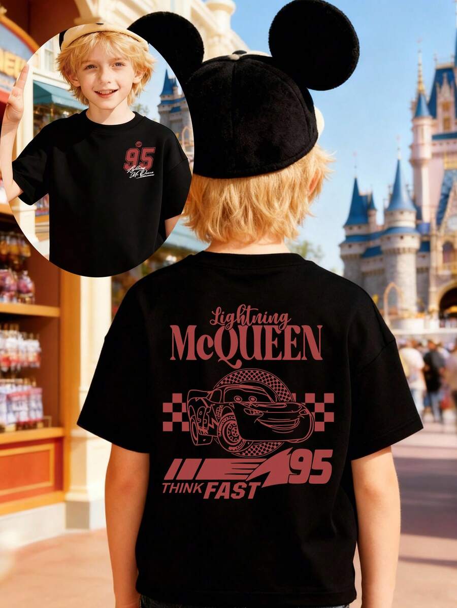 Disney Apparel Featuring A Double-Sided Design Of Lightning McQueen From Cars With The Number "95" Printed On It. This Soft, Breathable Short-Sleeve Crew Neck T-Shirt Is Perfect For Spring And Summer Wear, Ideal For Everyday Casual Wear, Vacations, Outdoor Activities, School Life, And Shopping Trips. It Also Makes An Excellent Gift For Boys And Girls. Every Child Deserves One. - màu đen - Xem 1