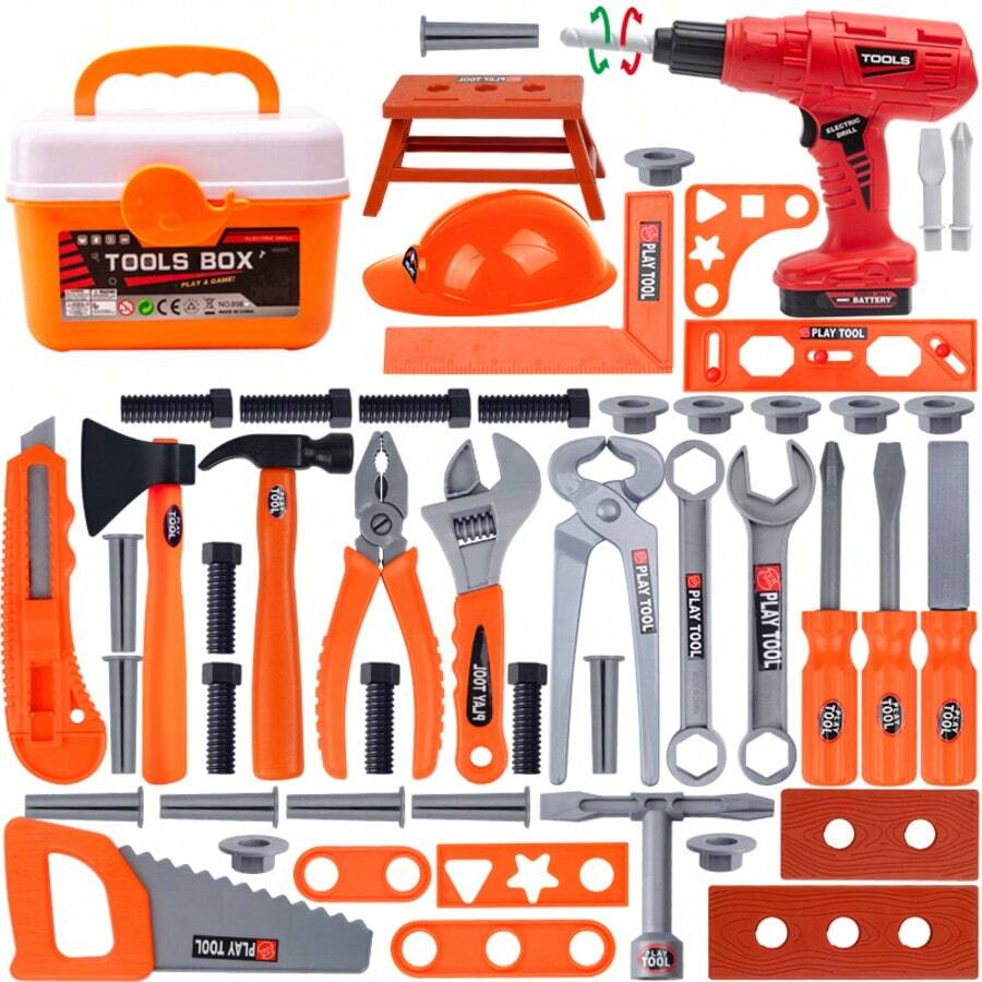 儿童建筑工具箱玩具套装，包含玩具钻头、拆卸工具和螺丝刀，培养儿童动手能力，模拟维修工具，可用于修理家用玩具，拼装玩具，男孩女孩皆宜的礼物，圣诞礼物 - 橘色 - 查看 1