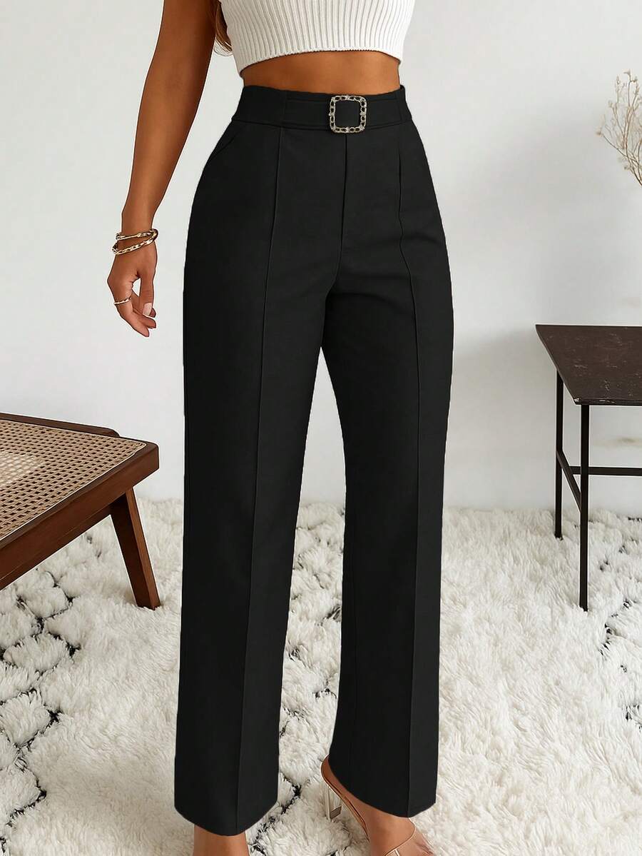 Women's Fashion New Versatile Casual Pants With Metal Buckle And Rhinestones, Suitable For All Seasons - Black - View 1