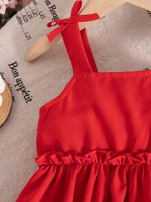 Spring/Summer Baby Girls Cute Red Ribbon Bow Ruffle Trim Camisole & Cherry Embroidery High Waist Loose Denim Pants Set - Red - View 6