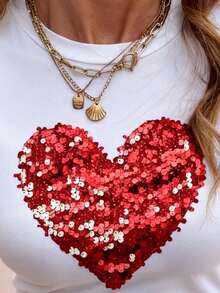 女士心形亮片休闲T恤，时尚舒适透气，百搭经典短袖圆领上衣，春夏必备，超短款T恤，情人节单品 白色 - 白色 - 查看 3