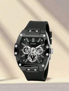 Guess Phoenix GW0203G3 Multifunktions-Herren-Quarzuhr, Armband aus schwarzem Silikon, Zifferblatt in Barrel-Form, Lässig Armbanduhr, geeignet für täglichen Street-Style und Sportbekleidung, modisches Herrengeschenk, ideales Weihnachtsgeschenk für den Freund - Schwarz - Übersicht 1