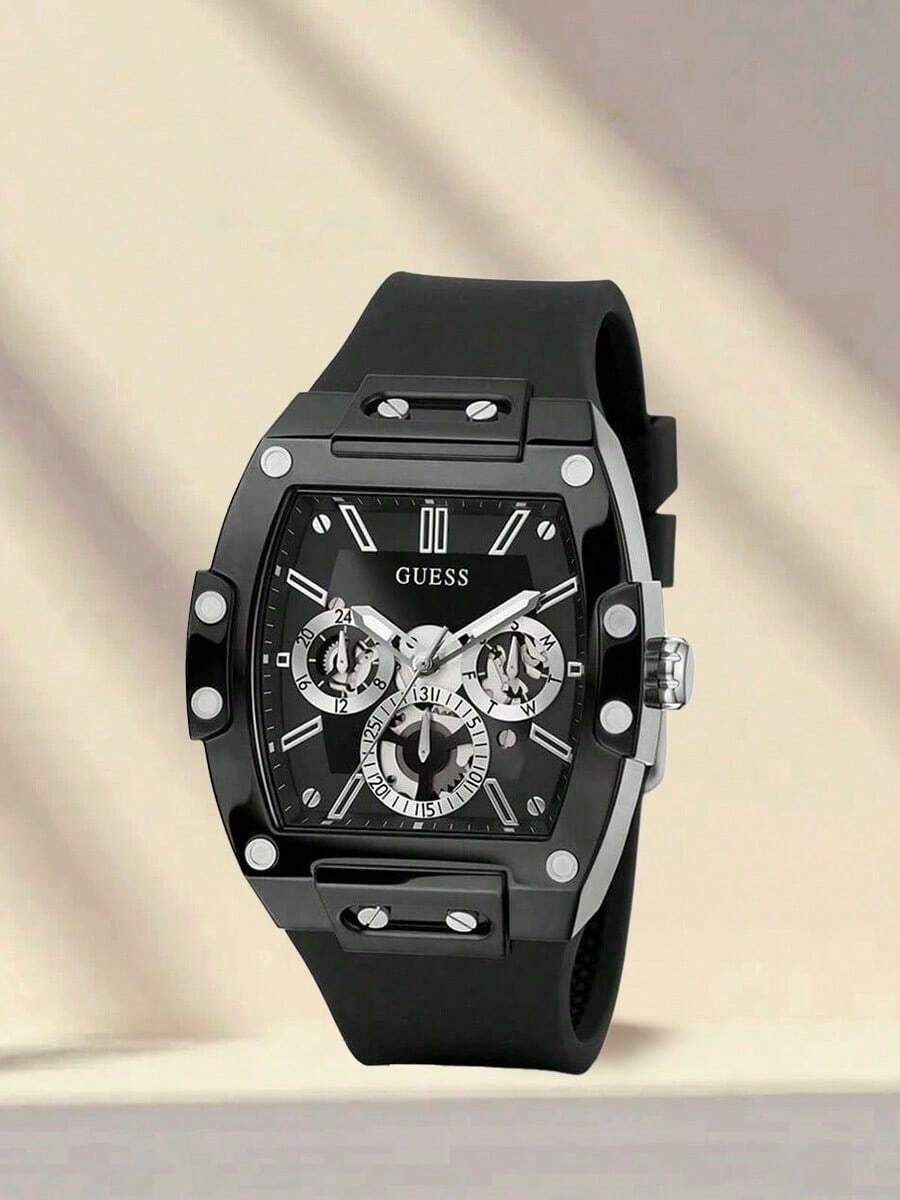 Guess Phoenix GW0203G3 Multifunktions-Herren-Quarzuhr, Armband aus schwarzem Silikon, Zifferblatt in Barrel-Form, Lässig Armbanduhr, geeignet für täglichen Street-Style und Sportbekleidung, modisches Herrengeschenk, ideales Weihnachtsgeschenk für den Freund - Schwarz - Übersicht 1