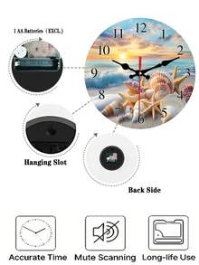 Coastal Vibe Silent Wall Clock - Wooden Beach Theme Design With Sunset, Seashell And Starfish Patterns, Battery Powered, Modern Home Decor For Living Room, Bedroom, Kitchen Or Office - Perfect Holiday And Birthday Gift - Multicolor - View 5