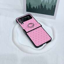 Pink Fashionable Luxury Rhombus Rhinestone Folding Phone Case With Ring Holder, Suitable Compatible With Samsung Galaxy Z Flip3 5G/Galaxy Z Flip 4 5G/Galaxy Z Flip 5 5G/Galaxy Z Flip 6 5G/Galaxy Z Flip 7 5G - Pink - View 4