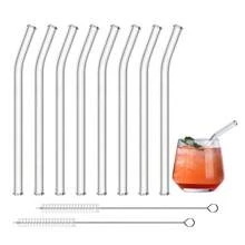 Conjunto de 8 canudos de vidro curtos (15 cm) com 2 escovas de limpeza – 8 mm de diâmetro externo. Perfeitos para copos pequenos, copos baixos e copos de uísque | Transparentes, reutilizáveis e próprios para lava-louças | Ideais para coquetéis, café, chá e smoothies | Ótima opção de presente para o Dia dos Namorados, festas e para usar em casa. - Claro - Ver 1