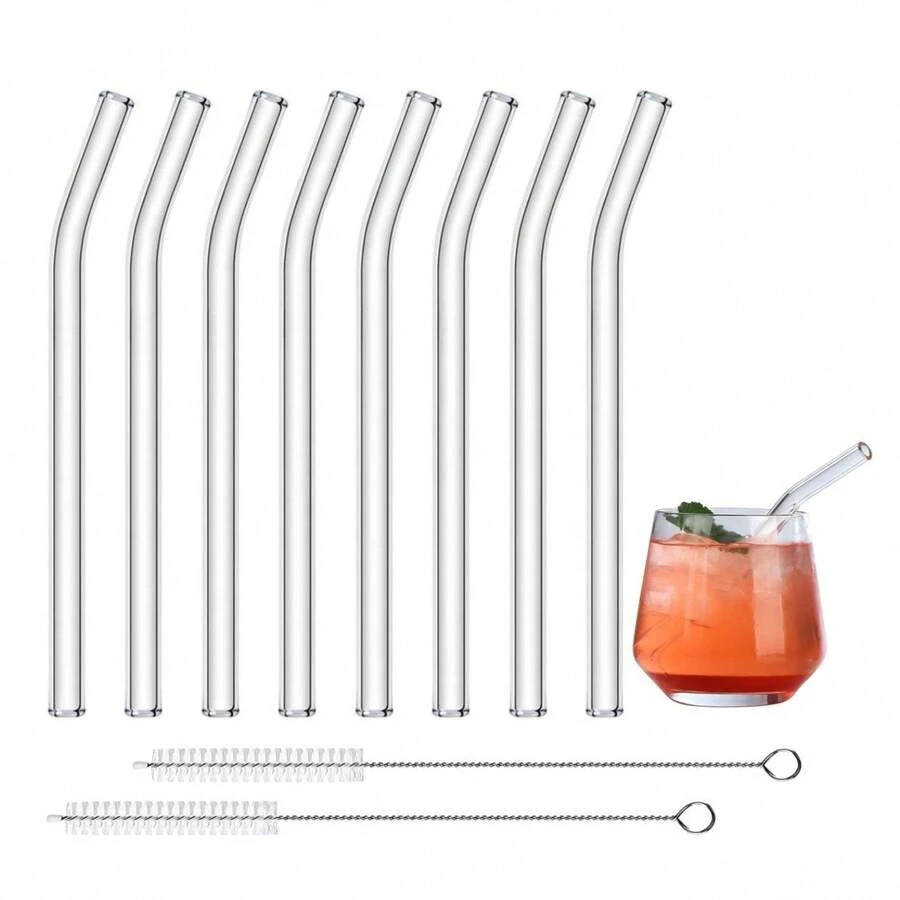 Conjunto de 8 canudos de vidro curtos (15 cm) com 2 escovas de limpeza – 8 mm de diâmetro externo. Perfeitos para copos pequenos, copos baixos e copos de uísque | Transparentes, reutilizáveis e próprios para lava-louças | Ideais para coquetéis, café, chá e smoothies | Ótima opção de presente para o Dia dos Namorados, festas e para usar em casa. - Claro - Ver 1