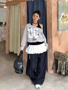 女士不对称肩部印花卫衣，性感修身款，初秋新品 - 灰色 - 查看 4