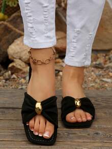 黑色方头褶皱平底拖鞋，金属搭扣，绒面革套脚沙滩鞋，优雅休闲百搭女士平底拖鞋，夏季新款 - 黑色 - 查看 4