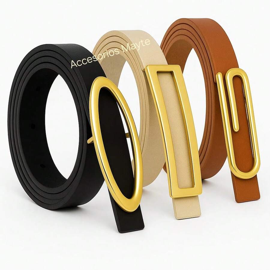 Set Of 3 Women's Belts, Mixes With Assorted Buckles, Casual Style. - 黑色,米色,焦糖色 - 查看 1