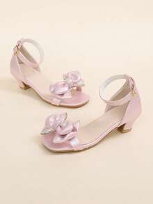 1 Pair Girls' Summer High Heel Sandals, Double Layer Pink Rhinestone Bow Decor, Dreamy Princess Shoes, Square Toe, Suitable For Parties, Gatherings, School Performances - Pink - View 4