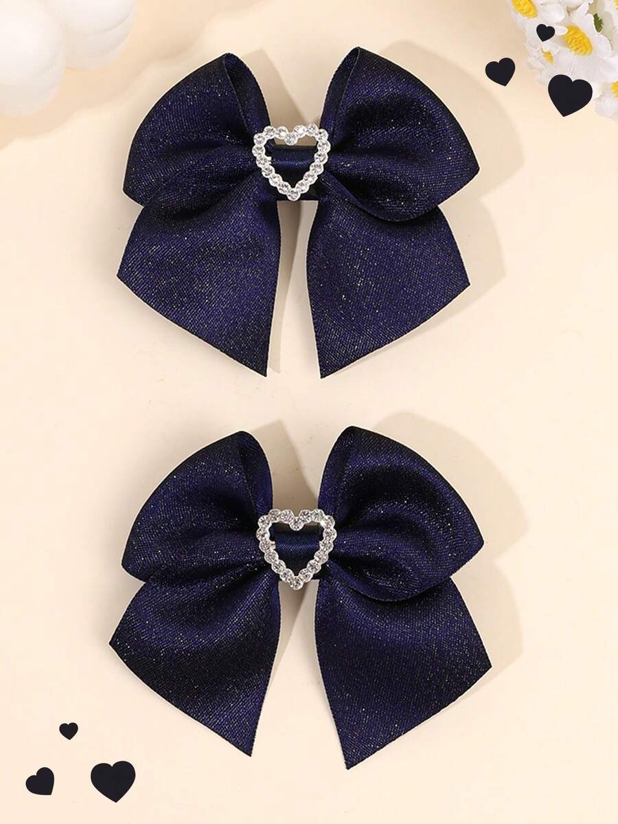 2pcs Navy Blue Hair Bows For Girls Solid Color Hair Bow Clips Ribbon Heart Shape Rhinestone Decor Bow Hair Clips Elegant Fashion Hairpins Simple Bow Barrettes Girls Hair Accessories For Daily Life - 彩色 - 查看 1