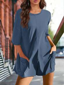 Rompers For Women 2025 Summer Athletic Oversized Romper Short Sleeve Jumpsuit With Pockets - Blue - View 4