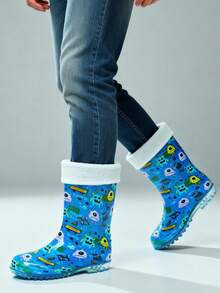 女士中筒靴，可爱卡通图案，雪地靴，带可拆卸羊毛饰边，休闲日常鞋款 - 淺藍色 - 查看 1